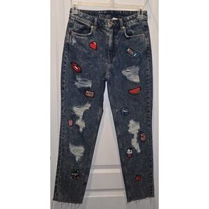 Divided H&M patches distressed jeans raw hem sz 8